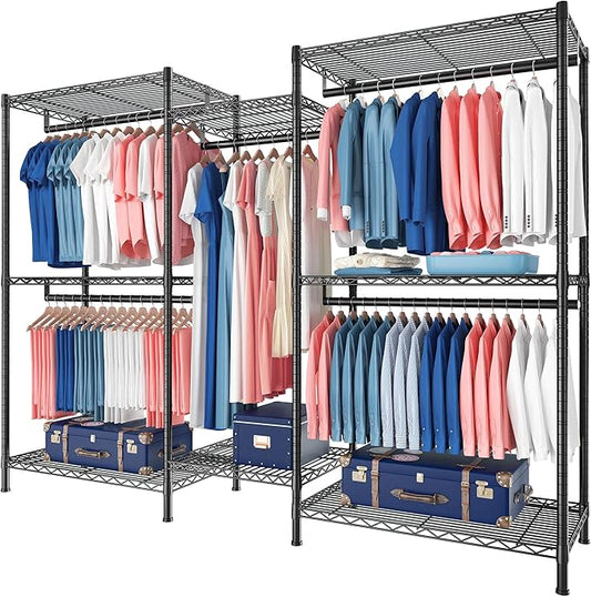 Raybee Clothes Rack for Hanging Clothes,Clothing Rack with Shelves,Portable Closet,for Apartment,Bedroom,Metal, Adjustable,Max Load 900lbs,Black