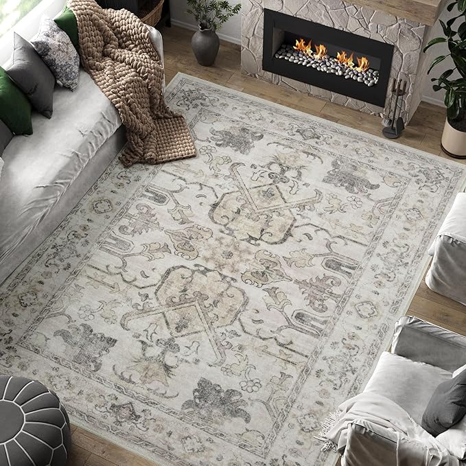 jinchan 8x10 Area Rugs for Living Room Washable Soft Throw Rug Ultra-Thin Stain Resistant Non-Slip Distressed Vintage Floral Large Carpet for Bedroom,Dining Room,Home Office,Nursery (8x10ft,Taupe)