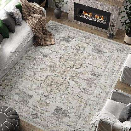 jinchan 6x9 Area Rugs for Living Room Washable Soft Throw Rug Ultra-Thin Stain Resistant Non-Slip Distressed Vintage Floral Large Carpet for Bedroom,Dining Room,Home Office,Nursery (6x9ft,Taupe)
