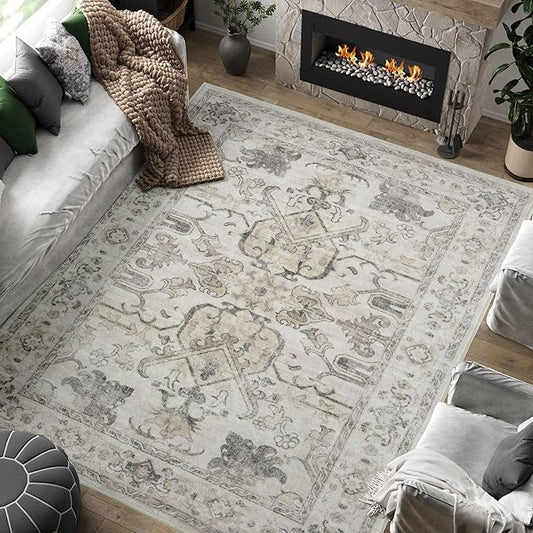jinchan 6x9 Area Rugs for Living Room Washable Soft Throw Rug Ultra-Thin Stain Resistant Non-Slip Distressed Vintage Floral Large Carpet for Bedroom,Dining Room,Home Office,Nursery (6x9ft,Taupe)