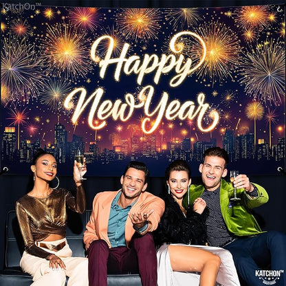 KatchOn, XtraLarge Happy New Year Banner - 72x44 Inch | Neon New Year Backdrop 2026 | Neon New Years Decorations 2026 | NYE Eve Banner For NYE Decorations 2026 | New Years Eve Party Supplies 2026