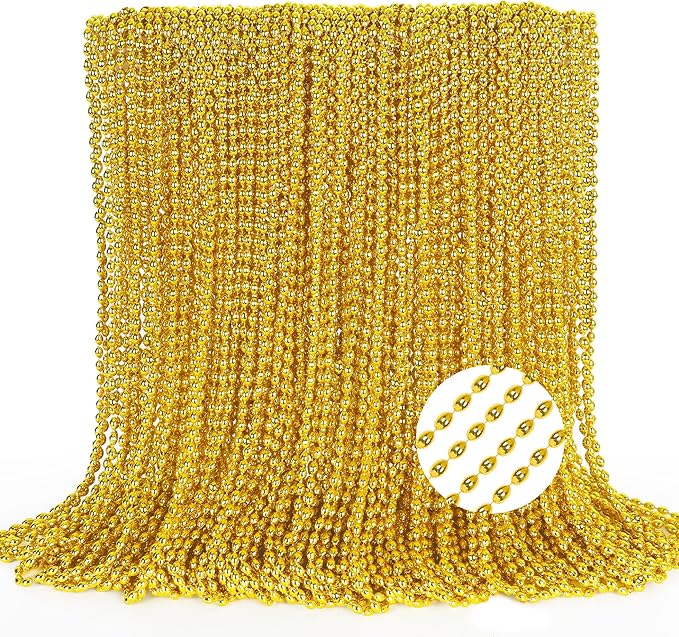 100PCS Mardi Gras Beads, Gold Oval Beaded Necklace Stuff, 32" Mardi Gras Christmas Beaded Necklace Costume Bulk, Festival Parade Throw Accessories for Mardi Gras St Patricks Christmas Celebrations