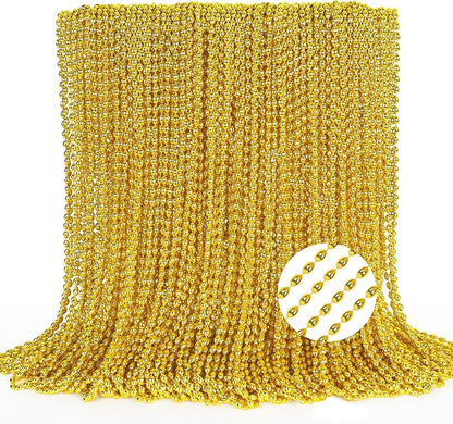 100PCS Mardi Gras Beads, Gold Oval Beaded Necklace Stuff, 32" Mardi Gras Christmas Beaded Necklace Costume Bulk, Festival Parade Throw Accessories for Mardi Gras St Patricks Christmas Celebrations
