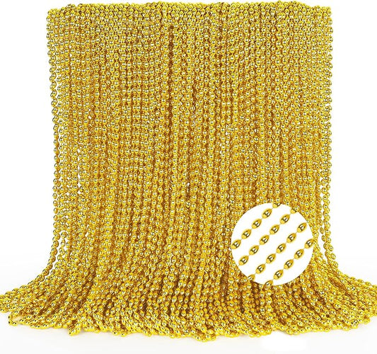 100PCS Mardi Gras Beads, Gold Oval Beaded Necklace Stuff, 32" Mardi Gras Christmas Beaded Necklace Costume Bulk, Festival Parade Throw Accessories for Mardi Gras St Patricks Christmas Celebrations