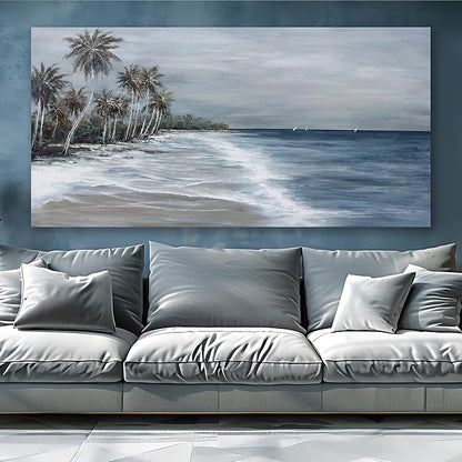 Coastal Wall Art Blue Gray Beach Wall Decor Landscape Abstract Canvas Painting Modern Ocean Artwork Framed for Living Room Bedroom Bathroom Office Decor 48"x24"Can Be Hung Directly