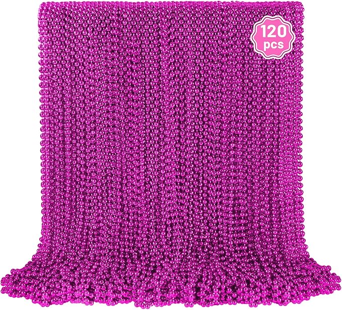 YAXINRUI 120 PCS Hot Pink Bead Necklaces, Pink Mardi Gras Beads, Cancer Awareness Necklaces, Valentine Necklace, 33 Inch Round Party Beads for Mardi Gras Christmas Cancer Awareness Month Events
