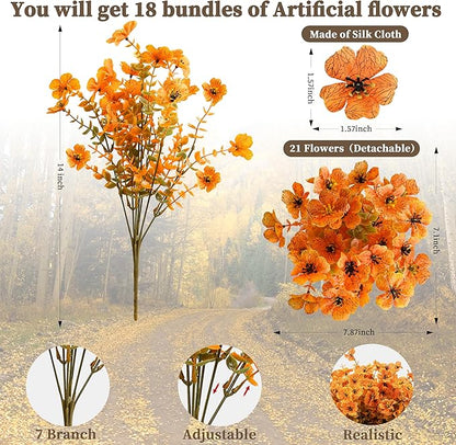 18 Bundles Artificial Mums for Outdoors/Indoors Faux Mums for Outdoor Planters, Eucalyptus Leaves Fall Flowers Artificial for Decoration Boxwood Garden Porch Window Home Wedding(Fall Orange)