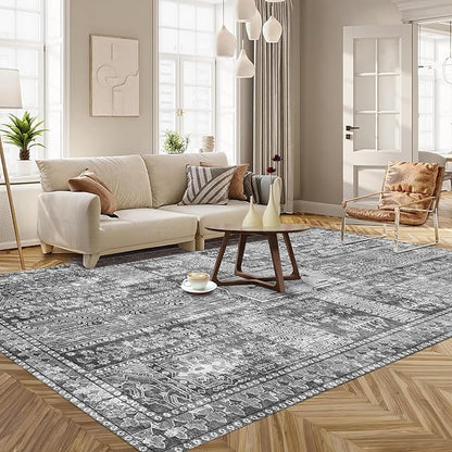 Vintage 8' x 10' Washable Area Rug - Stylish Indoor Rug for Living, Dining or Bedroom - Lightweight Carpet with Non-Slip Backing - Foldable for Easy Placement and Maintenance - Grey