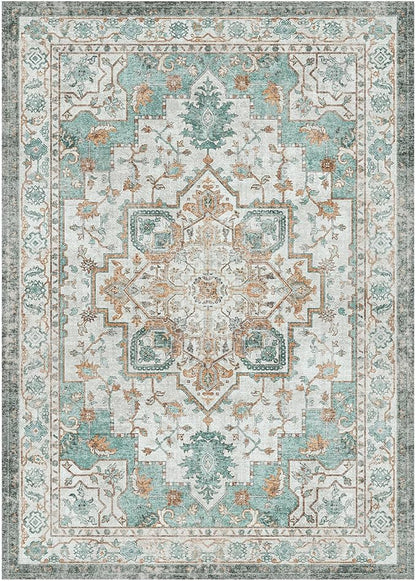 GENIMO 6x9 Area Rugs for Living Room, Machine Washable Non Slip Vintage Rugs, Low Pile Lightweight Chenille Print Rug for Bedroom, Dining Room, Home Office, Cyan