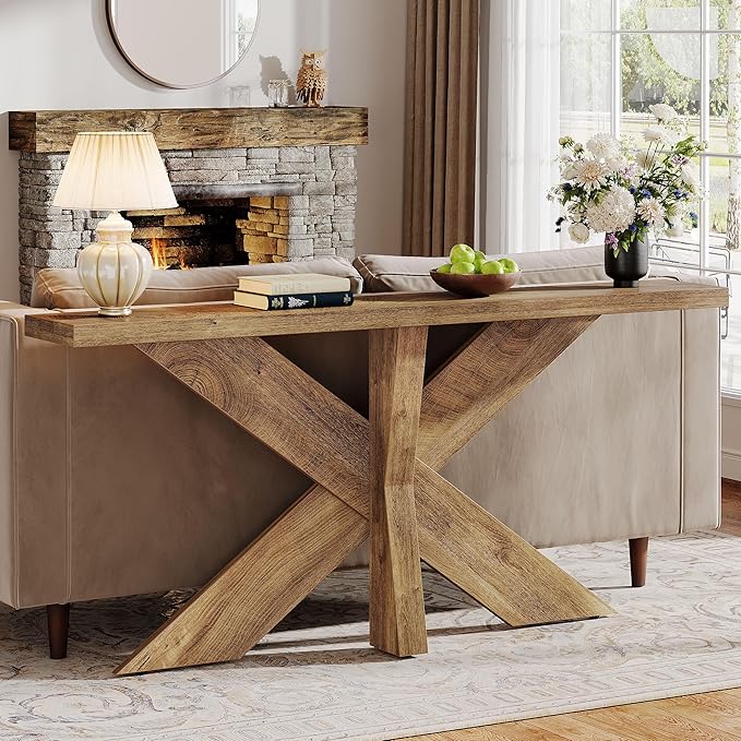 Tribesigns 70.9 Inches Long Sofa Table Behind Couch, Farmhouse Console Entry Table with Wooden Geometric Base for Entryway, Living Room, Oak Brown