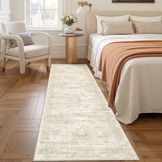 2x7 Runner Rug Non Slip, Thin Entryway Washable Rug for Entryway, Runners for Hallways, Low Pile Vintage Abstract Soft Rugs for Living Room, Kitchen, Bedroom(2'x7', Beige/Ivory)