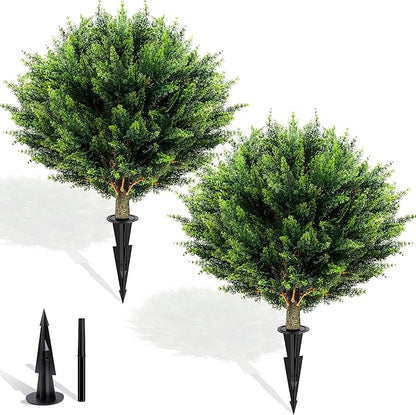Artificial Cypress Topiary 2 Pack, UV Resistant Artificial Shrub Bushes with Ground Spike, Fake Evergreen Artificial Plant Bush for Front Porch, Garden, Indoor, Outdoor Planters