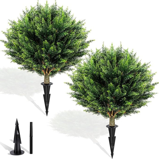 Artificial Cypress Topiary 2 Pack, UV Resistant Artificial Shrub Bushes with Ground Spike, Fake Evergreen Artificial Plant Bush for Front Porch, Garden, Indoor, Outdoor Planters