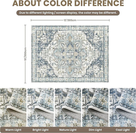 zesthome 10x12 Area Rugs-Washable Rug for Living Room, Non-Slip Backing Rugs, Stain Resistant 10x12 Rug for Bedroom, Ultra-Thin Low Pile Rugs, Vintage Large Home Decor