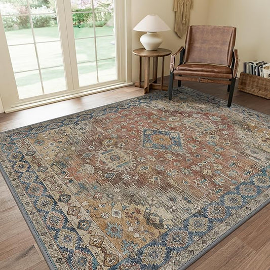 GENIMO 8x10 Area Rugs for Living Room, Machine Washable Non Slip Vintage Rugs, Low Pile Lightweight Chenille Print Rug for Bedroom, Dining Room, Home Office, Antique Red