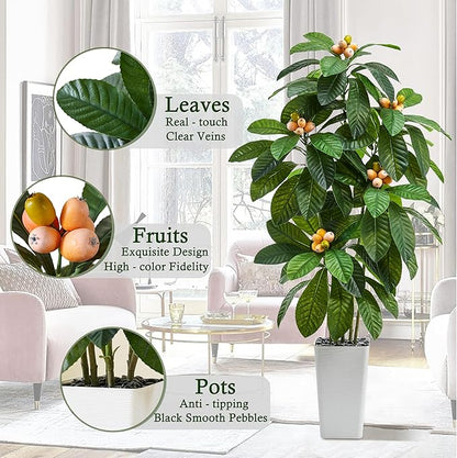 Artificial Locust Tree：6FT Faux Black Locust Floor Plant with White Flowers Small Round Silk Leaves & Elegant Branches in Beige Ribbed Planter for Indoor Home Office Decor Hotel Patio Studio