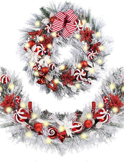 WANNA-CUL Pre-Lit 30 Inch Large Lighted Christmas Wreath for Front Door with 50 Led Lights, Red White Lighted Christmas Door Wreath Decor with Ball Ornaments, Candy Canes, Battery Operated
