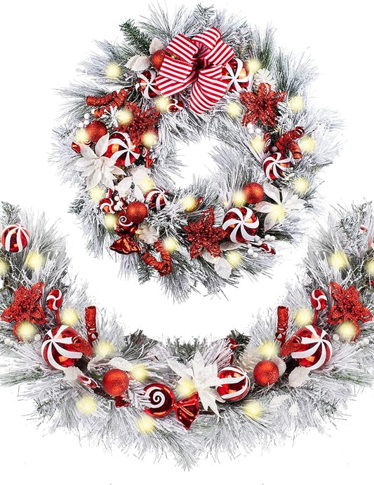 WANNA-CUL Pre-Lit 30 Inch Large Lighted Christmas Wreath for Front Door with 50 Led Lights, Red White Lighted Christmas Door Wreath Decor with Ball Ornaments, Candy Canes, Battery Operated