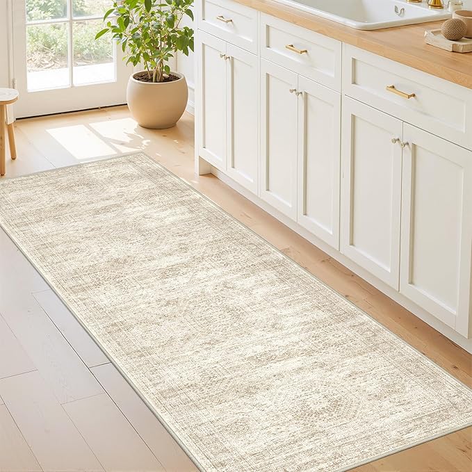 2x7 Runner Rug Non Slip, Thin Entryway Washable Rug for Entryway, Runners for Hallways, Low Pile Vintage Abstract Soft Rugs for Living Room, Kitchen, Bedroom(2'x7', Beige/Ivory)