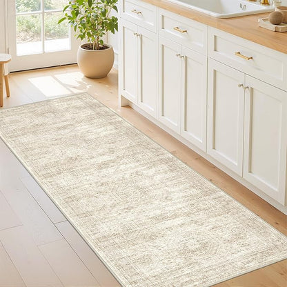2x7 Runner Rug Non Slip, Thin Entryway Washable Rug for Entryway, Runners for Hallways, Low Pile Vintage Abstract Soft Rugs for Living Room, Kitchen, Bedroom(2'x7', Beige/Ivory)