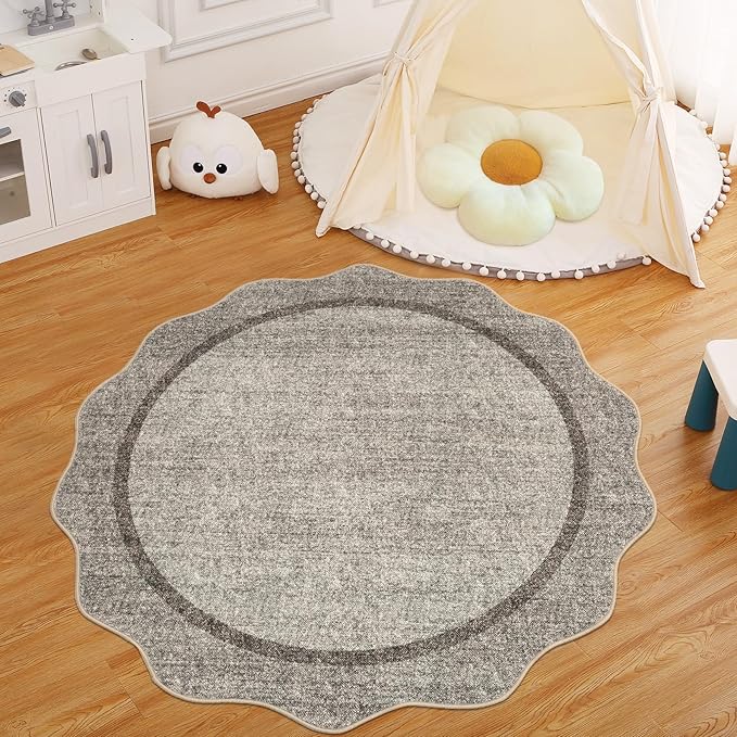 GarveeHome Scalloped Round Area Rugs, Washable Small Round Rug 3 ft Non-Slip, Soft Christmas Solid Ultra-Thin Circle Low Pile Stain Resistant Carpet for Bedroom Entryway Kitchen Bathroom, Brown