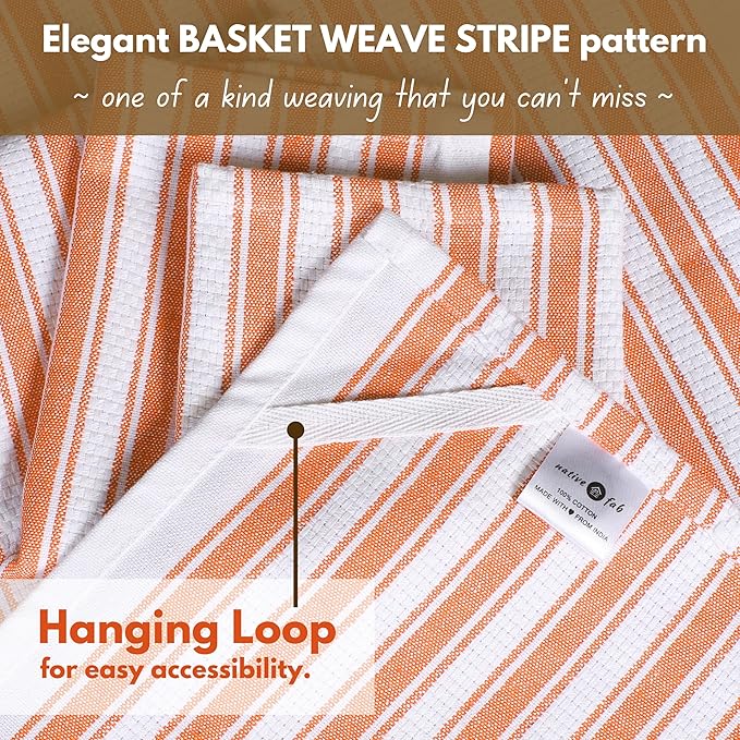 Native Fab Orange Kitchen Towels - 12 Pack - 16x26 inches - Basket Weave Stripe Towels with Hanging Loop, Absorbent Cotton Towel for Cleaning, Drying Dishes, Washable Dish Cloths Set- Orange