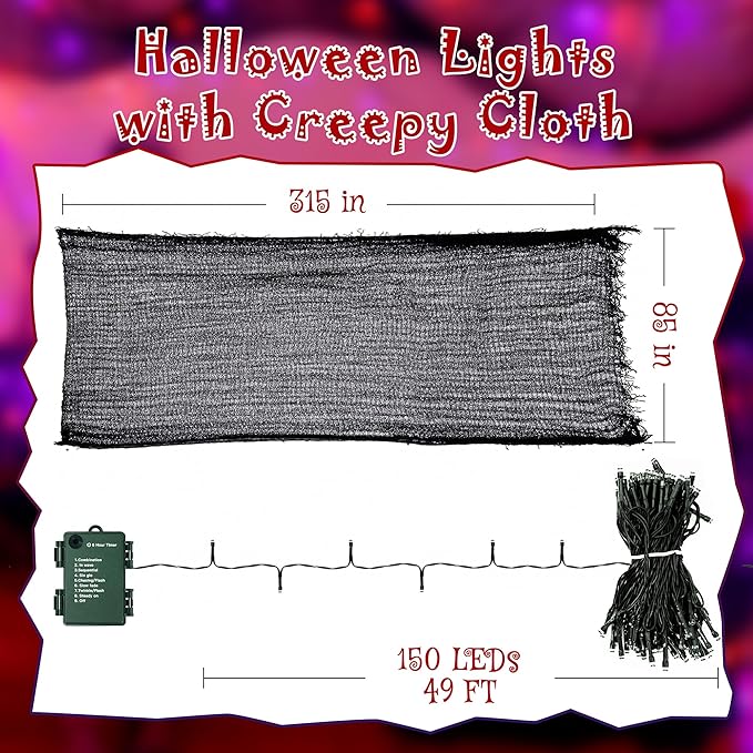 Ollny Halloween Lights 150LED 49FT, Orange and Purple String Lights with Creepy Cloth(315 x 85 in), Battery Operated Fairy Lights with 8 Lighting Modes Timer for Outdoor Party Yard Decor