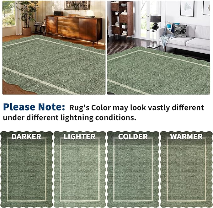 GarveeHome Scalloped Round Area Rugs, Washable Small Round Rug 3 ft Non-Slip, Soft Christmas Ultra-Thin Circle Solid Low Pile Stain Resistant Carpet for Bedroom Entryway Kitchen Laundry, Greyish Green