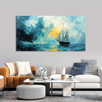 Canvas Wall Art Decor Large Abstract Coastal Wall Art Prints Abstract Canvas Art Wall Decor Modern Blue Green Wall Art Decorations Artwork for Walls Foggy Boat Bedroom Office Decor 24" X 48"