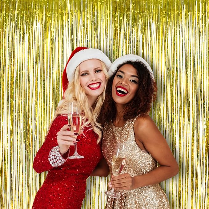 Gold Fringe Backdrop Curtain, Metallic Tinsel Foil Fringe Curtains for Birthdays Engagement Graduated Christmas New Years Party Decorations - 2 Pack 3.2×8.2ft