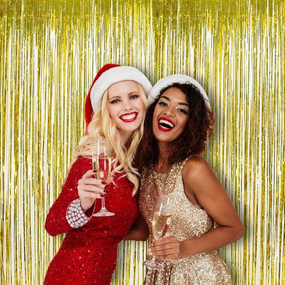 Gold Fringe Backdrop Curtain, Metallic Tinsel Foil Fringe Curtains for Birthdays Engagement Graduated Christmas New Years Party Decorations - 2 Pack 3.2×8.2ft