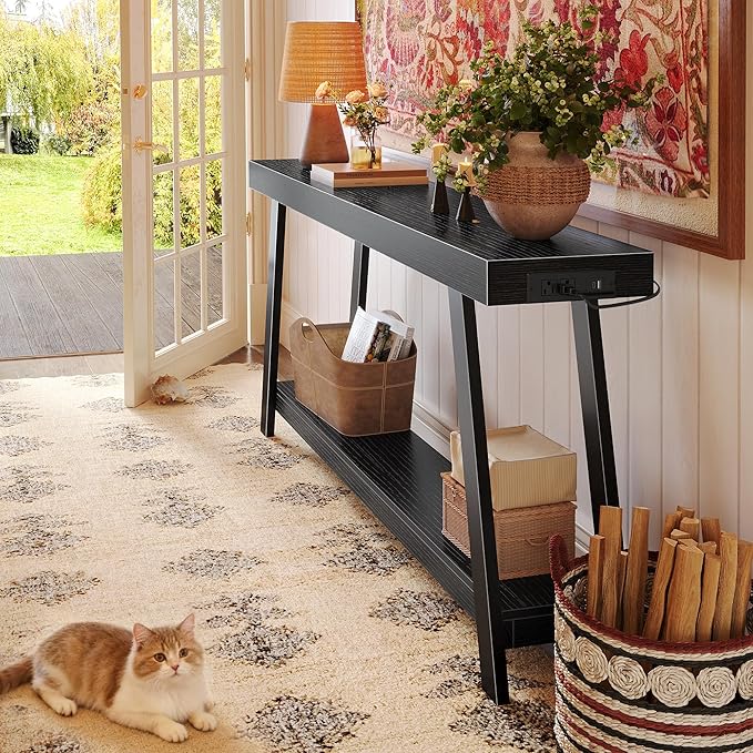 Huuger Console Table with Charging Station, USB-C Port, 2 Tiers Entryway Table, 53.9 Inch Sofa Table with Metal Legs, Entry Hallway Table with Thicker Desktop, Modern Behind Couch Table, Black