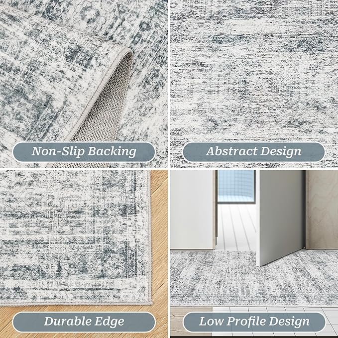Washable Runner Rug 2.5x14, Non-Slip Long Hallway Runner for Entryway, Soft Vintage Kitchen Mats for Floor, Abstract Dining Room, Bedroom, Living Room Rugs(2.5'x14', Grey/Ivory)