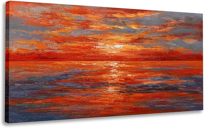 Red Sunset Ocean Abstract Wall Art Canvas Print Wall Decor Landscape Painting Framed Beach Artwork for Living Room Bedroom Office Farmhouse Bar Home Decor 29"x58"