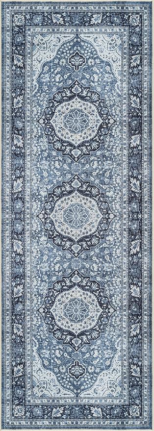 Bloom Rugs Caria Washable Non-Slip 10 ft Runner - Blue Traditional Runner for Entryway, Hallway, Bathroom, and Kitchen - Exact Size: 2'6" x 10'