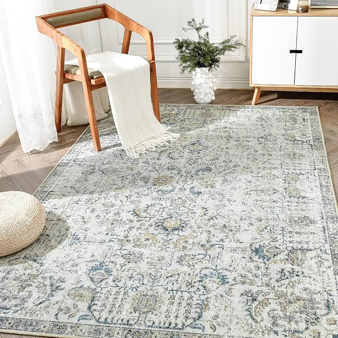 jinchan Area Rug 5x7 Washable Living Room Rug Vintage Indoor Floor Cover Retro Accent Mat Distressed Floral Country Boho Non Slip Thin Carpet for Bedroom Kitchen Dining Room Office Blue Multi
