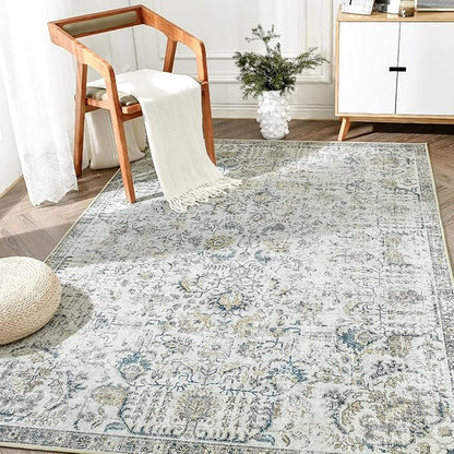 jinchan Area Rug 4x6 Washable Bedroom Rug Vintage Indoor Thin Floor Cover Retro Accent Mat Distressed Floral Country Boho Non Slip Carpet for Living Room Kitchen Dining Room Office Blue Multi