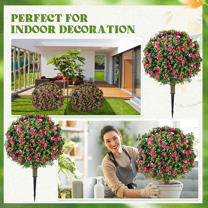 24 Artificial Topiary Ball Tree with Flower Set of 2,Outdoor Fake Topiary with Ground Spike,UV Resistant Faux Artificial Plant Bushes for Indoor Outdoor Front Porch Garden Decor (Pink & White)