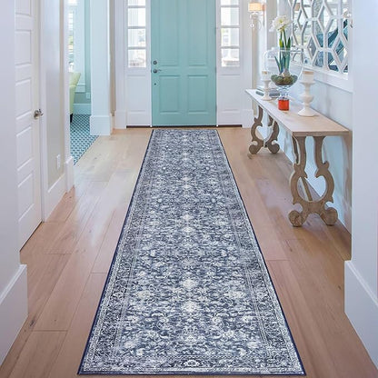 KILOCOCO Runner for Hallway 2.6x16 Runner Rug Printed Vintage Floral Washable Rug Kitchen Runners Soft Non-Slip Low Pile Hallway Runners Laundry Room Distressed Boho Rugs, Blue