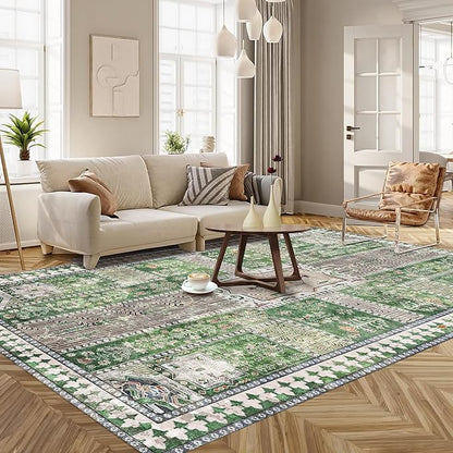 Vintage 5' x 7' Washable Area Rug - Stylish Indoor Rug for Living, Dining or Bedroom - Lightweight Carpet with Non-Slip Backing - Foldable for Easy Placement and Maintenance - Green