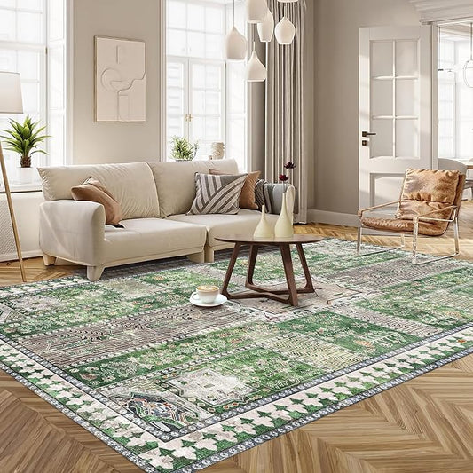 Vintage 5' x 7' Washable Area Rug - Stylish Indoor Rug for Living, Dining or Bedroom - Lightweight Carpet with Non-Slip Backing - Foldable for Easy Placement and Maintenance - Green