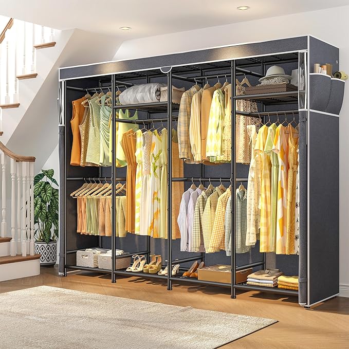 Raybee Clothes Rack with Cover Heavy Duty Clothing Racks for Hanging Clothes Adjustable Metal Portable Closet for Bedroom 77.9" W x 15.7" D x 76.8" H Black