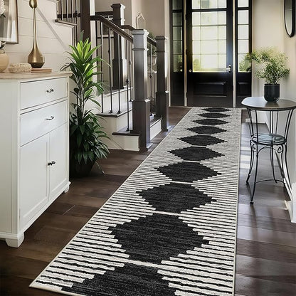 HelloTree Hallway Runner Rug，2.6x12 Moroccan Modern Stripe Carpet Washable Machine Bathroom Runner Bohemian Design Modern Soft Non Slip Indoor Rug for Entryway Hallway Laundry Room Bedroom-Black