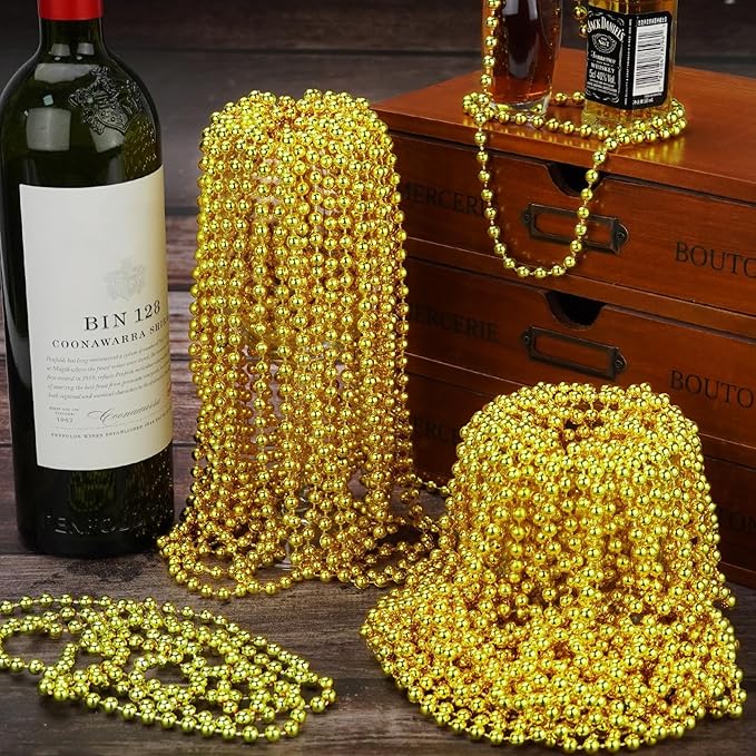 YAXINRUI 12 PCS Gold Bead Necklaces, Christmas Bead Necklaces, Gold Mardi Gras Beads, 33 Inch Round Beaded Necklaces for Mardi Gras Party Christmas New Year Eve Festive Events, Party Favors