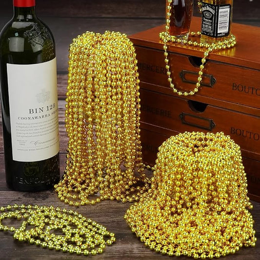 YAXINRUI 144 PCS Gold Mardi Gras Beads, Gold Bead Necklaces, Christmas Bead Necklaces, 33 Inch Round Beaded Necklace for Mardi Gras Party Christmas New Year Eve Festive Events, Party Favors