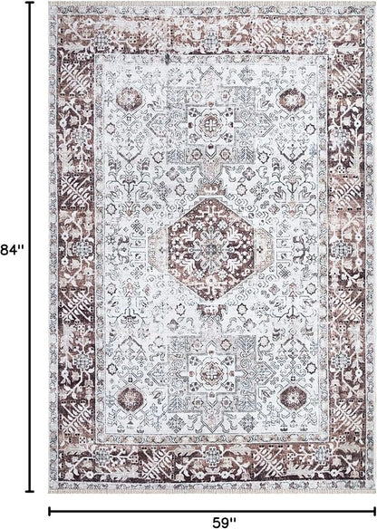 Bloom Rugs Caria Washable Non-Slip 5x7 Rug - Beige/Brown Traditional Area Rug for Living Room, Bedroom, Dining Room, and Kitchen - Exact Size: 5' x 7'