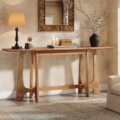63-Inch Solid Wood Console Table, Farmhouse Long Sofa Table Behind Couch with Geometric Base for Entryway, Entrance, Living Room, Walnut Brown