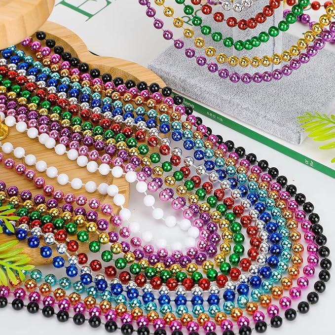 240PCS Mardi Gras Beads, Metallic 12 Kinds Beaded Necklace Accessories, 33" Mardi Gras Necklace Bulk Accessories Stuff, Festival Parade Throw for Wedding Birthday Mardi Gras Celebrations Decorations