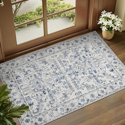 jinchan 2x3 Entryway Washable Rug - Non-Slip Indoor Distressed Doormat Small Rug Low Pile Ultra-Thin Accent Floral Print Indoor Mat for Entrance Kitchen Bathroom Bedroom (2x3ft,Blue)