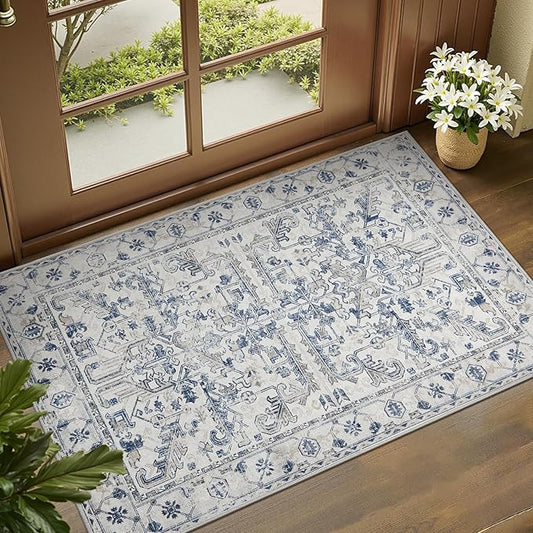 jinchan 2x3 Entryway Washable Rug - Non-Slip Indoor Distressed Doormat Small Rug Low Pile Ultra-Thin Accent Floral Print Indoor Mat for Entrance Kitchen Bathroom Bedroom (2x3ft,Blue)